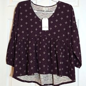 New Wonderly Purple White V-Neck 3/4 Sleeve Boho Blouse Size Med Petite